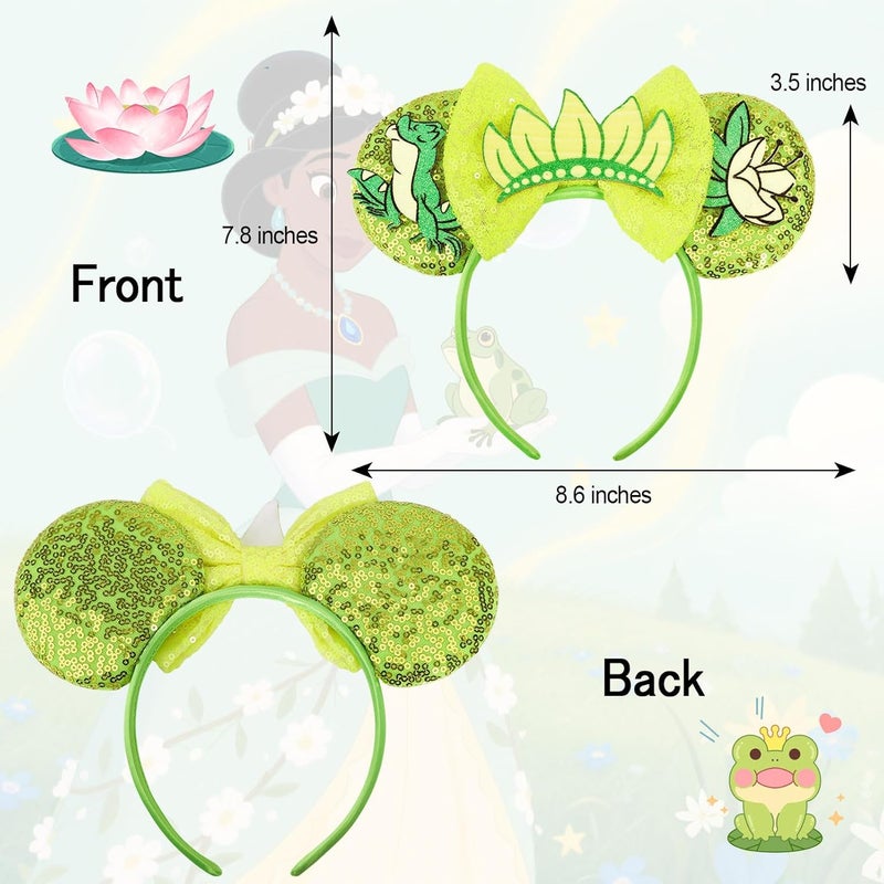 ETLUK Mouse Ears Headband，Princess Green Mouse Ears for Adult Women Girls, Frog Parks Ears with Sequin Bow for Cosplay Accessories Party - Image 2